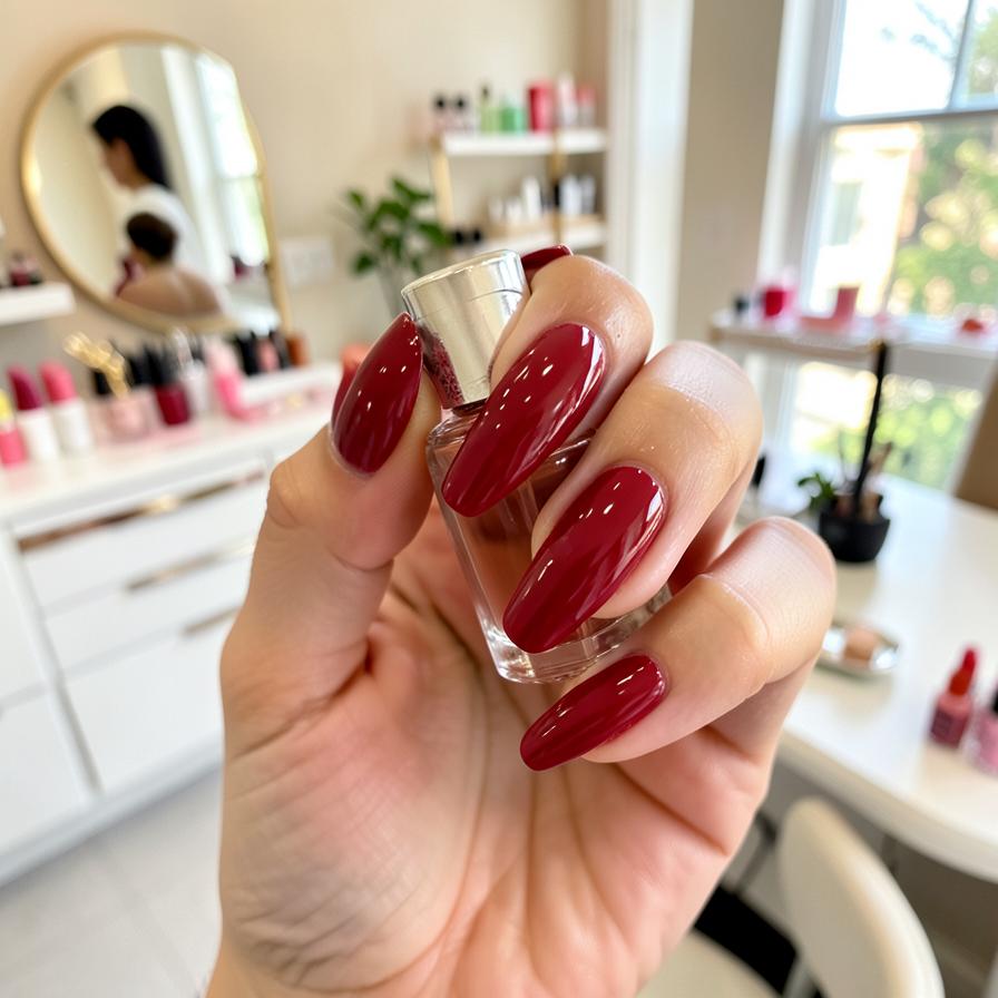 Glossy cherry red oval manicure
