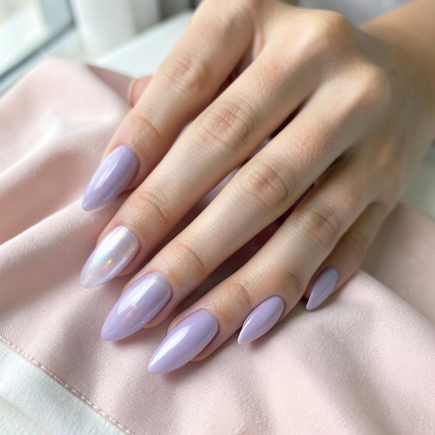 Pearlescent lavender chrome manicure