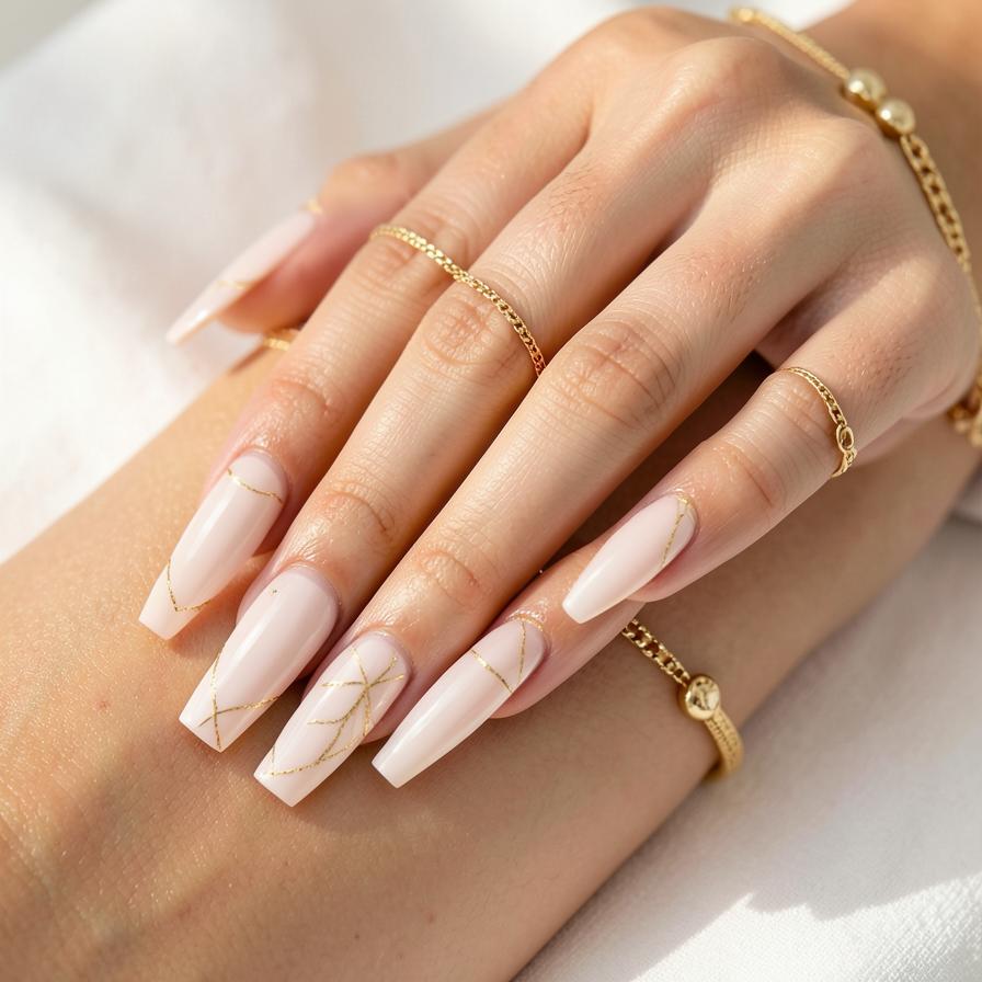 Milky nude acrylic nails with fine gold line art